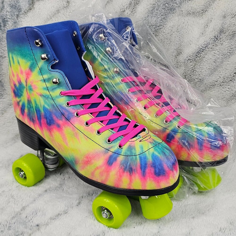 Dolls Kill Size 14 Rainbow Tie Dye Quad Lace Up Roller Skates Cosmic Pink NEW